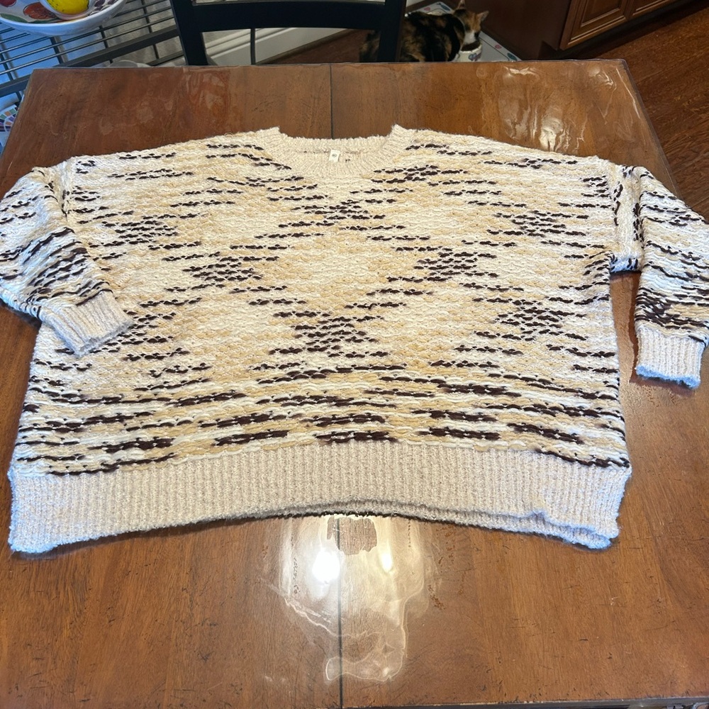 Wishlist Cream and Brown V Neck Sweater with Chunky Knit